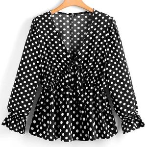 Plus Polka Dot Ruffle Hem Smock Blouse